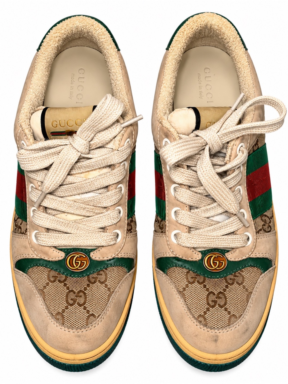 GUCCI Ace Canvas Screener Sneaker Green Tan Monogram Suede WOMENS 9 MENS 7